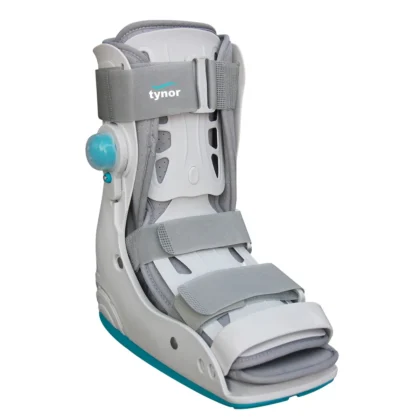 Tynor Walker Boot Air Pro Short in grey, front three-quarter view with air pump and straps