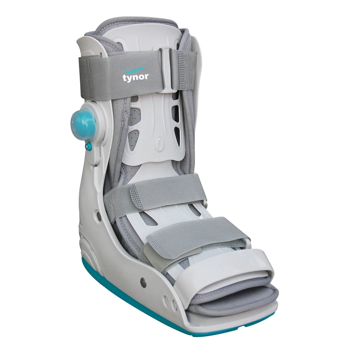 Tynor Walker Boot Air Pro Short in grey, front three-quarter view with air pump and straps