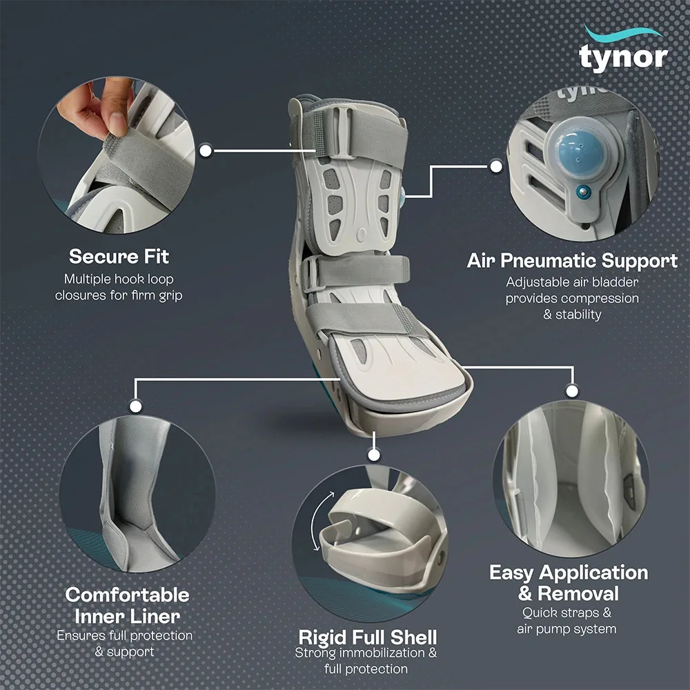 Tynor Walker Boot Air Pro Short features: hook-and-loop straps, air pump, foam liner and rigid shell
