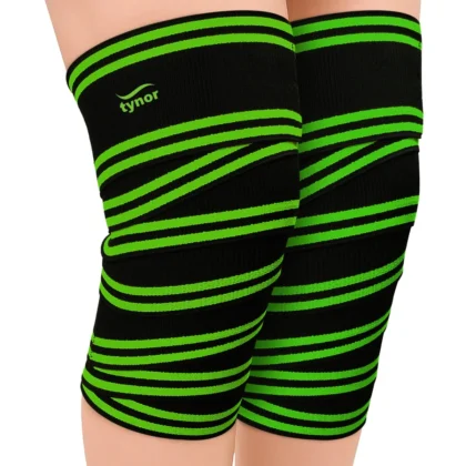 Tynor Weight Lifting Knee Wrap in black and green wound round both knees, front view