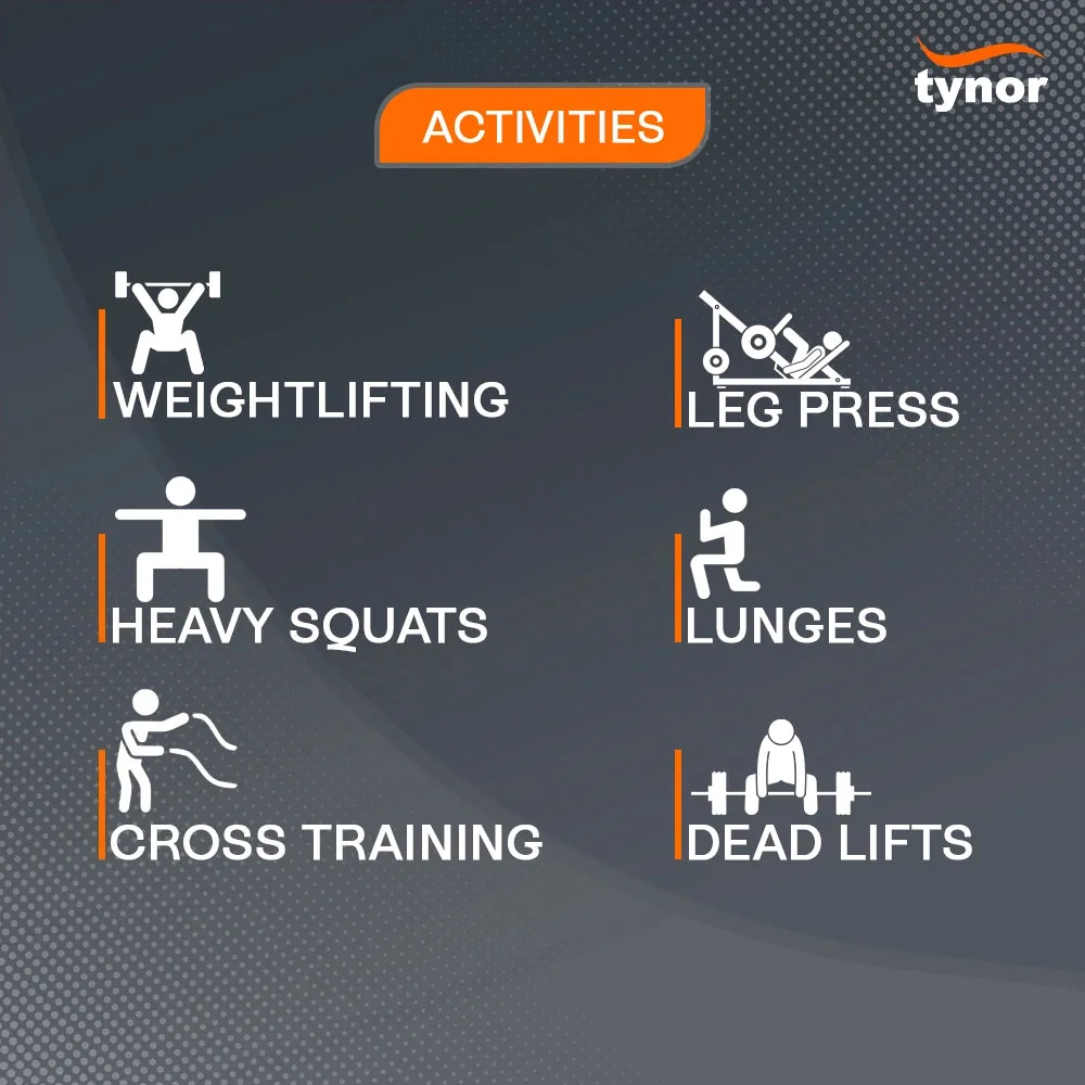 Tynor Weight Lifting Knee Wrap activities: weightlifting, heavy squats, cross training, leg press, lunges and deadlifts