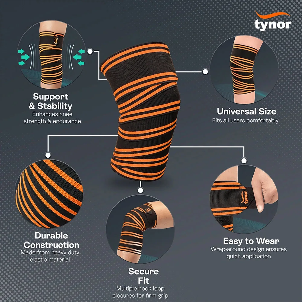 Tynor Weight Lifting Knee Wrap feature panel, shown on the orange version: stability, universal fit, durable elastic, hook-loop closures