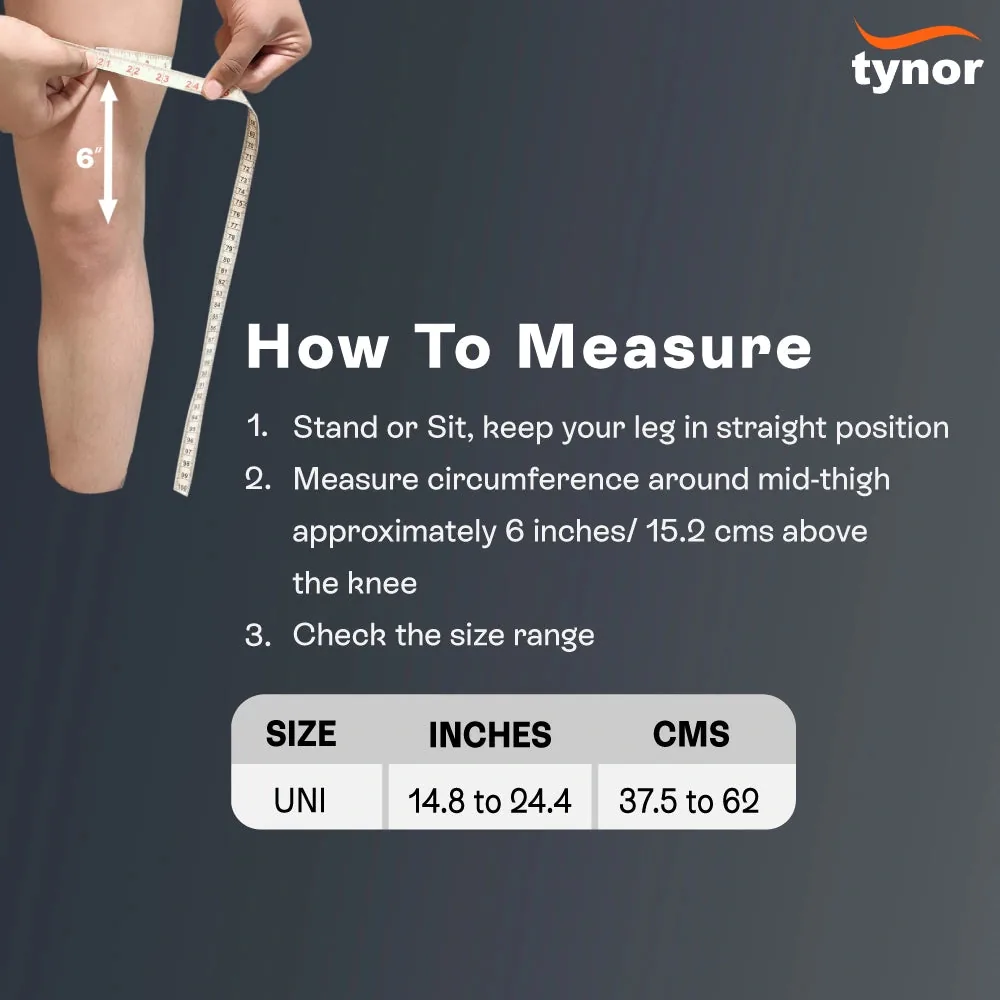 Tynor Weight Lifting Knee Wrap size chart: universal, 14.8 to 24.4 inches or 37.5 to 62 cm round the mid-thigh