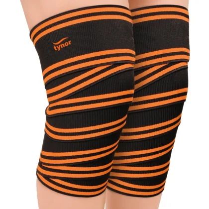Tynor Weight Lifting Knee Wrap in black and orange wrapped around both knees, front view