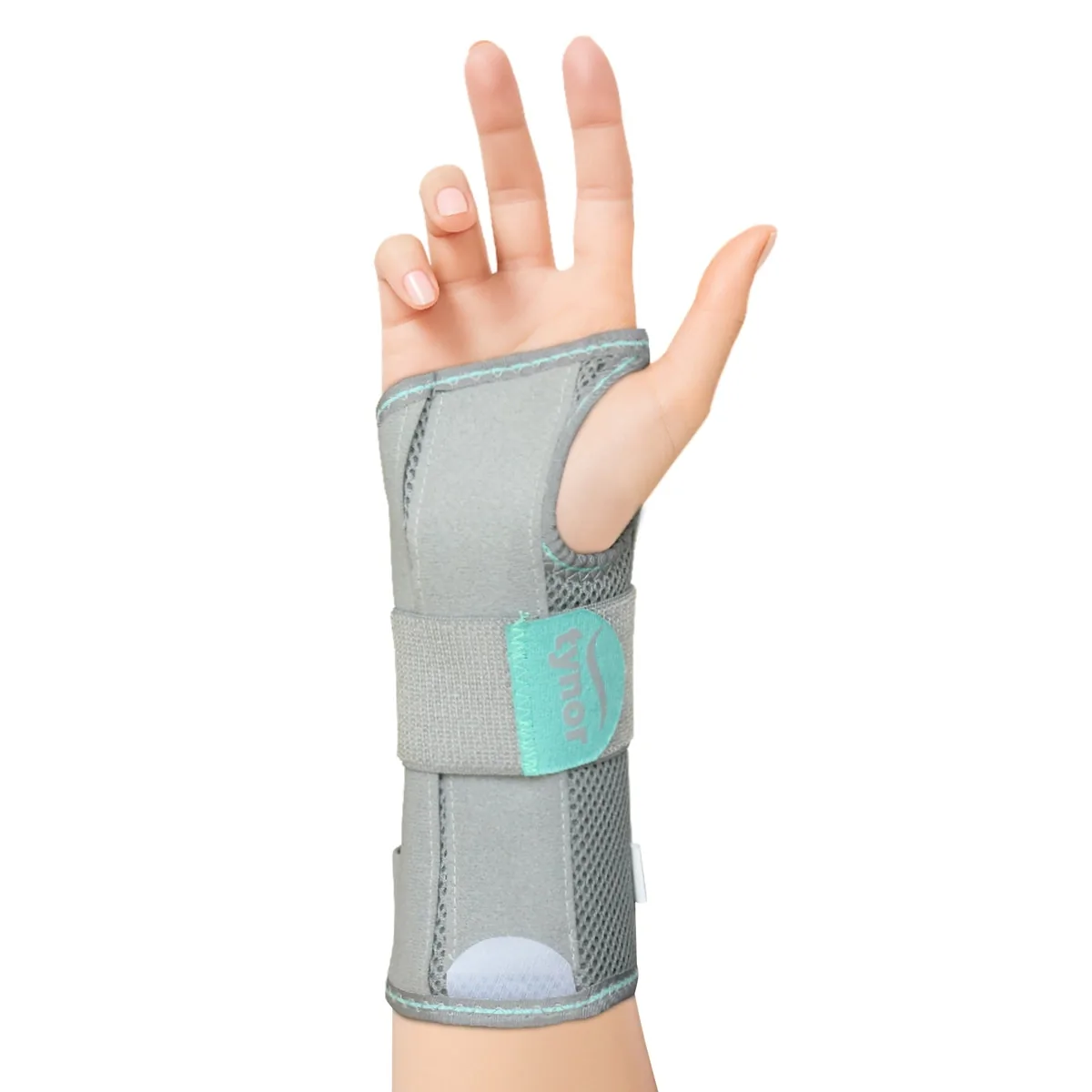Tynor Wrist & Forearm Splint in grey on a raised hand, with fingers and thumb uncovered