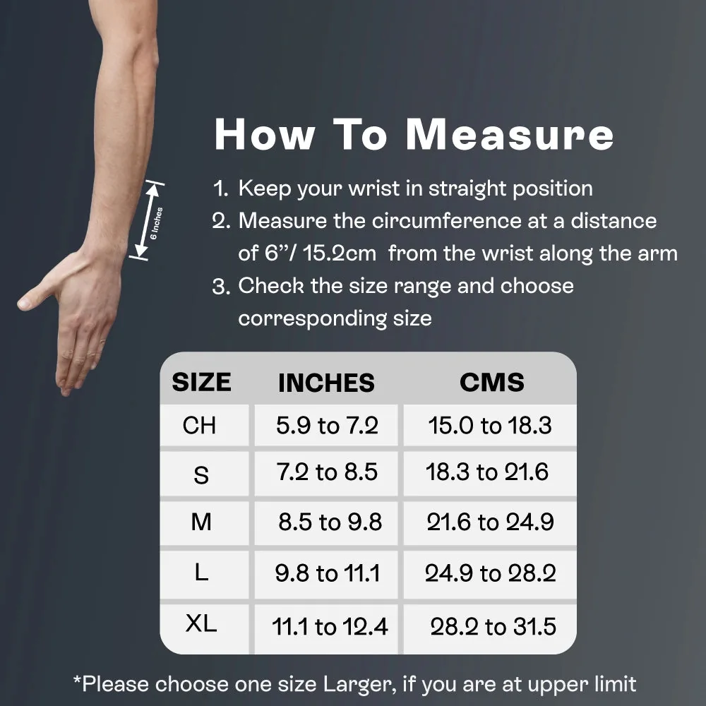 Tynor Wrist & Forearm Splint size chart, CH to XL, by forearm measurement in inches and cm