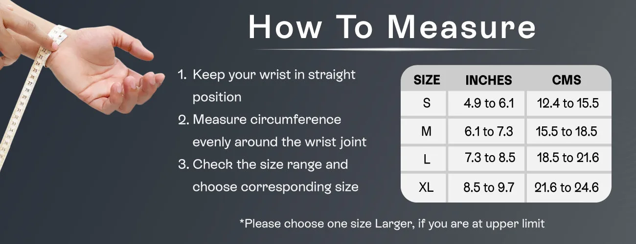 How to measure for the Tynor Wrist Splint Ambidextros: steps and size table