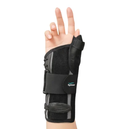 Tynor Wrist Splint With Thumb in black worn on the hand, with the thumb splint and lace-pull tab