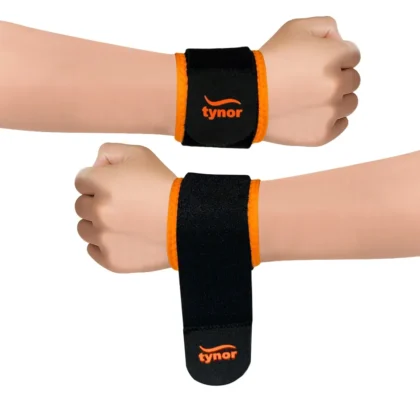 Black and orange Tynor Wrist Support (Neo) on both wrists, one closed and one with the long strap hanging free