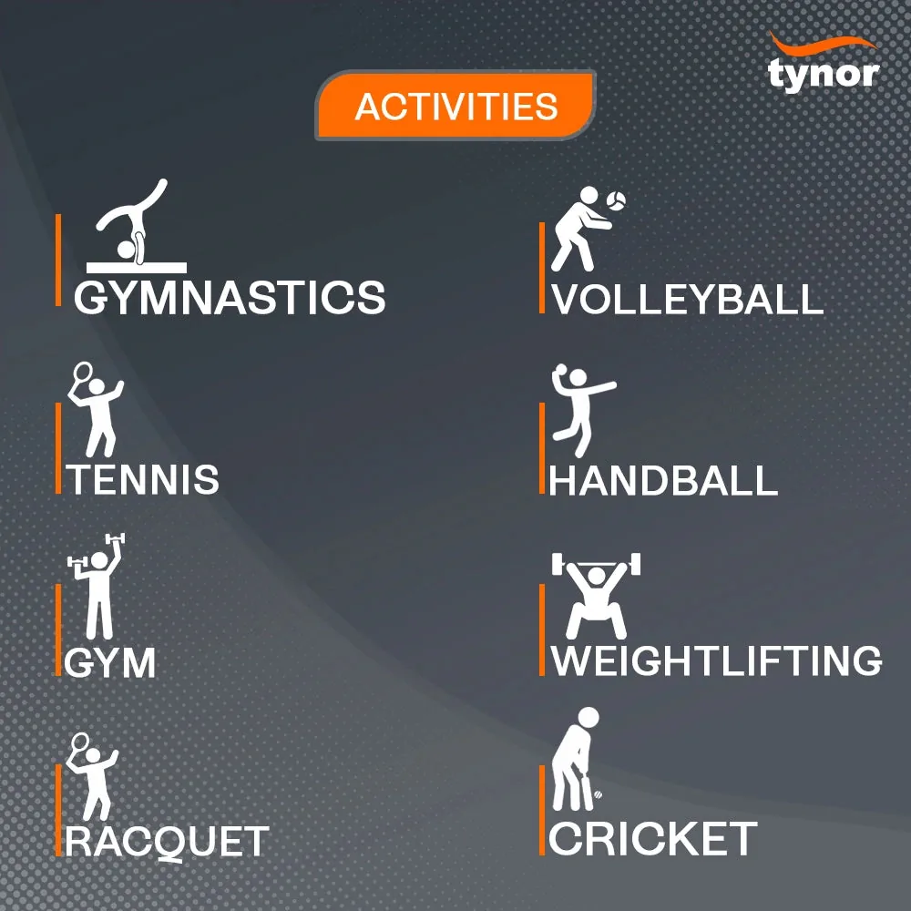 Activity panel for the Tynor Wrist Support (Neo): gym, weightlifting, tennis, cricket, volleyball and more