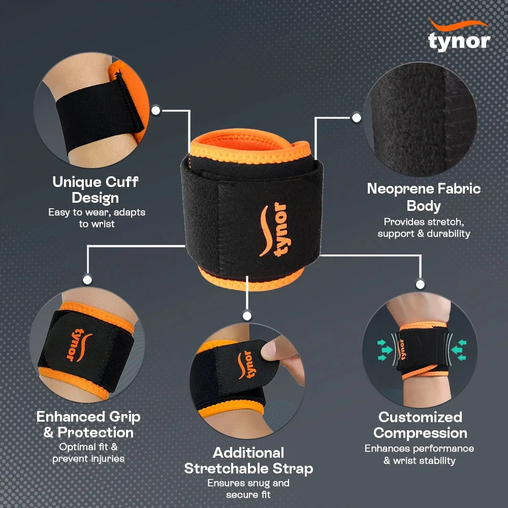 Tynor Wrist Support (Neo) feature callouts on the orange cuff and strap: neoprene body, strap, compression