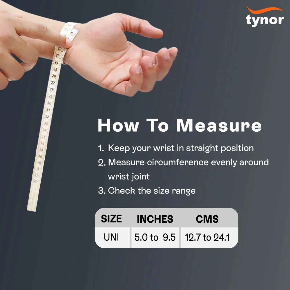 Tynor Wrist Support (Neo) size chart: 5.0 to 9.5 inches measured evenly around the wrist joint