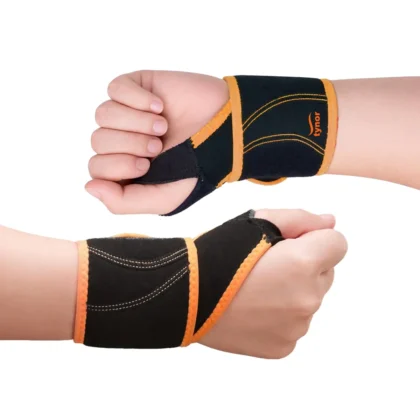 Pair of black and orange Tynor Wrist Support With Thumb Loop (Neo) wraps worn on both wrists, thumb loops visible