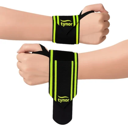 Tynor Wrist Wrap With Thumb Loop in black and green on both wrists, one closed and one with the band hanging open