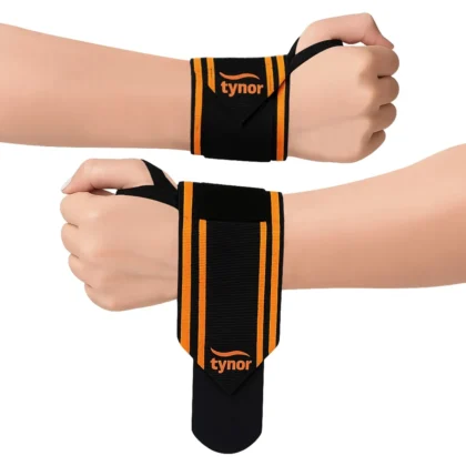 Tynor Wrist Wrap With Thumb Loop in black and orange, one wrap worn and one open with its thumb loop on the hand